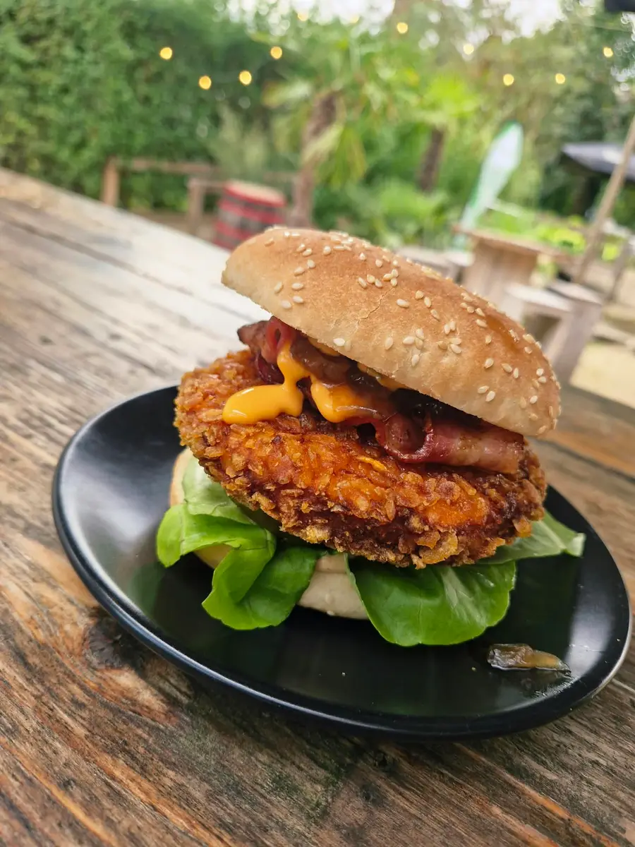 Crispy burger with lettuce and sauce on a black plate